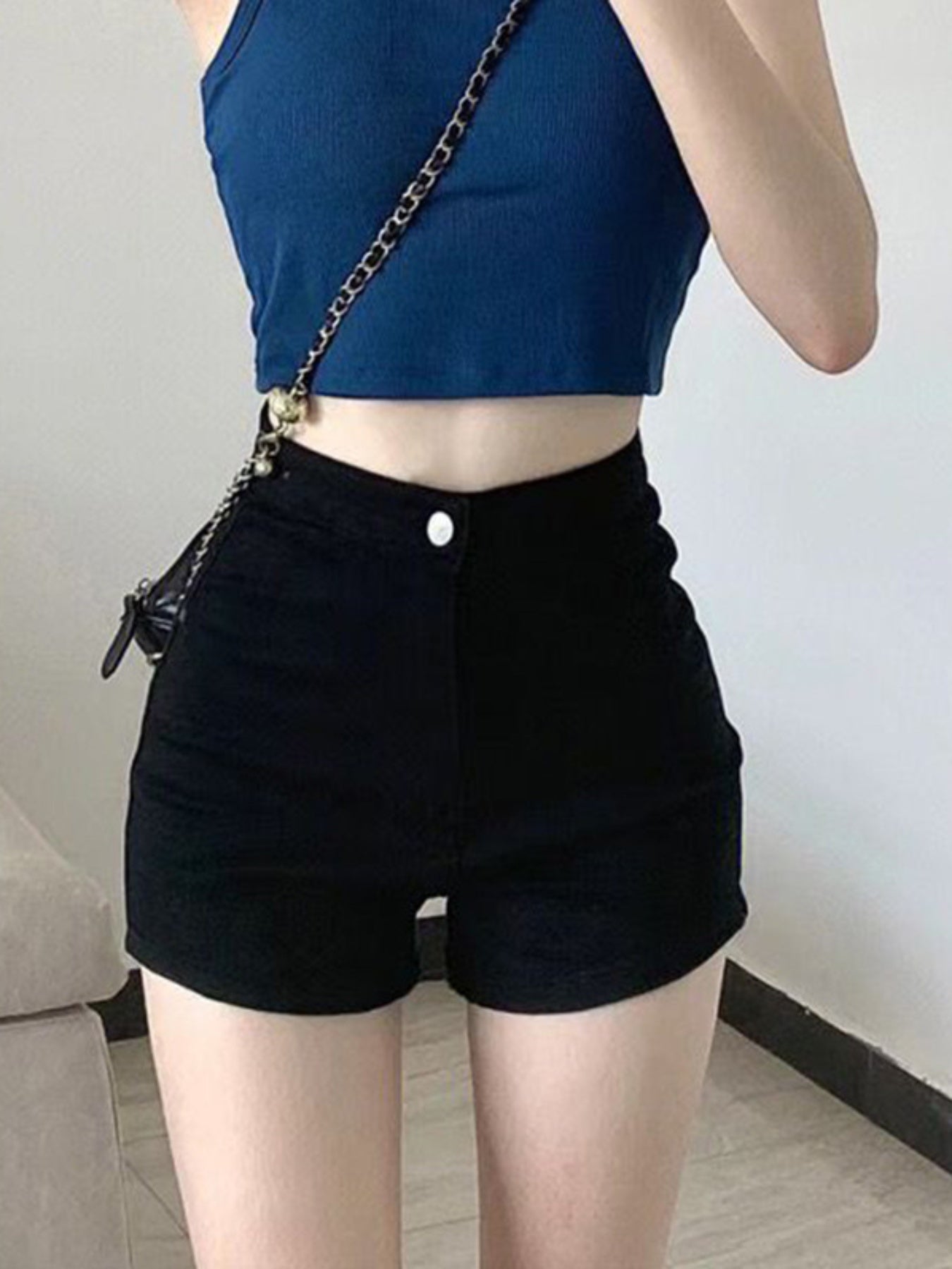 Women's Summer Denim Shorts - Slim Fit High Waist with Multiple Pockets, Solid Black Street Style Casual Shorts, Machine Washable & Dry Cleanable