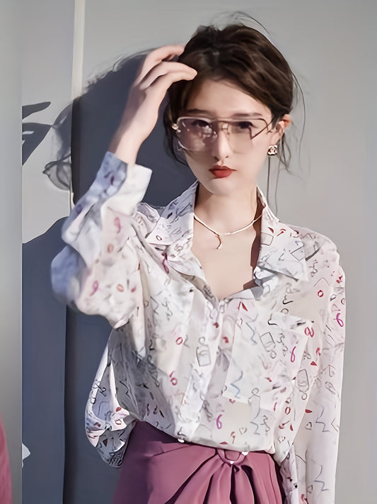 Women's French Retro Geometric Print Long Sleeve Shirt - Lightweight Semi-Sheer Collared Blouse with Pastel Pink & Multicolor Patterns, Summer Casual Top for Outings & Office, Japanese Korean Style, Classic Collared Design, Elegant Texture
