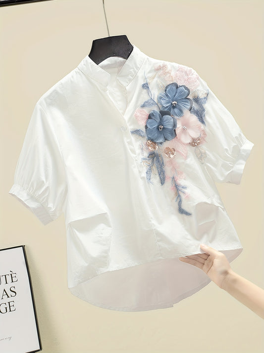 Elegant White Blouse with 3D Floral Embroidery - Short Sleeve, Stand Collar, Summer Casual Top for Women, Casual Summer Wear | Floral Embroidered Blouse | Intricate Embroidery