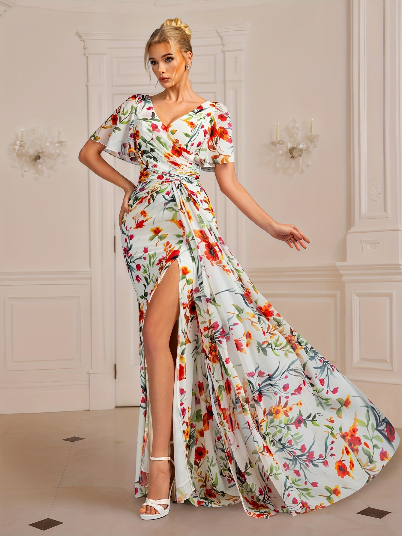 Elegant Floral Print V-Neck Women's Evening Gown with High-Slit Thigh, Ruched Waist & Flowing Tail - Perfect for Parties, Banquets, and Formal Events, Formal Evening Gown, Banquet Attire, Fitted Silhouette, Nontransparent Fabric