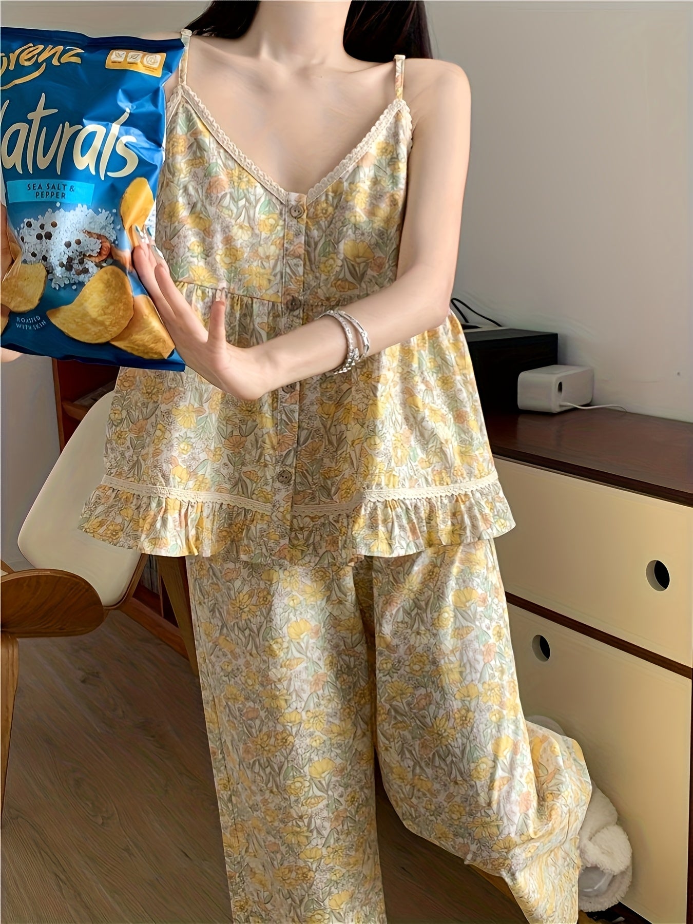 Women'S Sexy Floral Print Cami Top & High-Waisted Pants Set - Sleeveless, Button Detail, Lightweight Summer Loungewear, All-Season Comfort, Casual Home Wear|Floral Print Top|Button Detail Pants, Pajamas