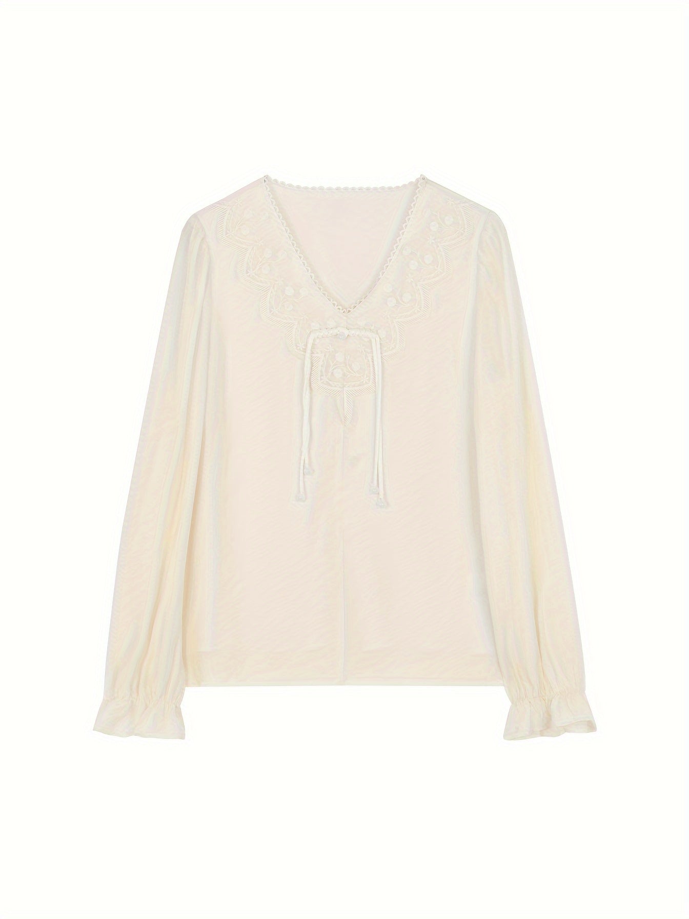 Women's Elegant V-Neck Blouse - Non-Transparent Long Sleeve Shirt, Office & Formal Events - XWI Women's Elegant Shirt for Spring\u002FSummer Everyday & Special Occasions, Special Occasion Top, Intricate Embroidery