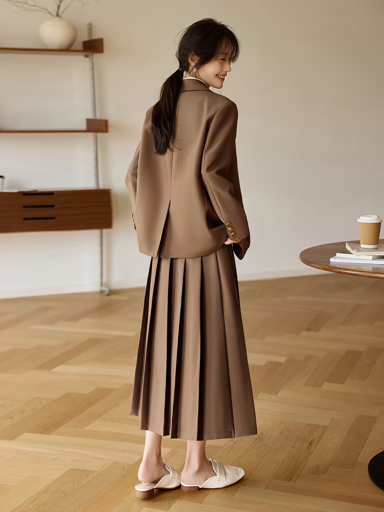 MOHOMO One-Piece Dress Set Spring\u002FAutumn New College Style Jacket Pleated Long Skirt Two-Piece Set for Festive, Vacation, and Daily Commute