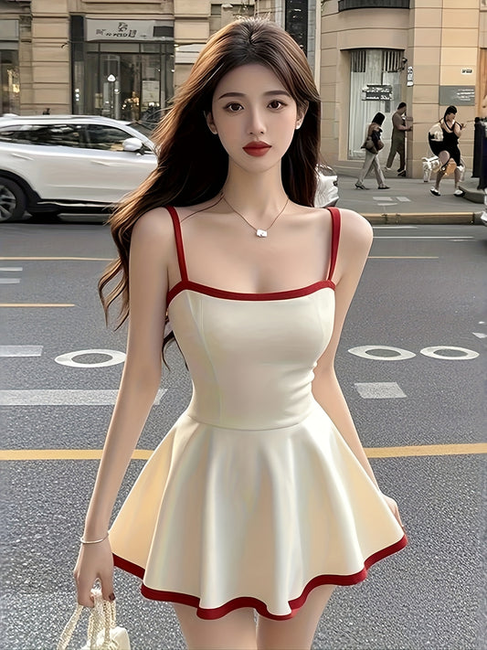 Elegant French-Inspired Color Block Cami Dress - Sleeveless, Backless, Ruffled Hem, Cinched Waist, Summer Chic for Women, White with Red Trim, Polyester Fabric, Cute Dress