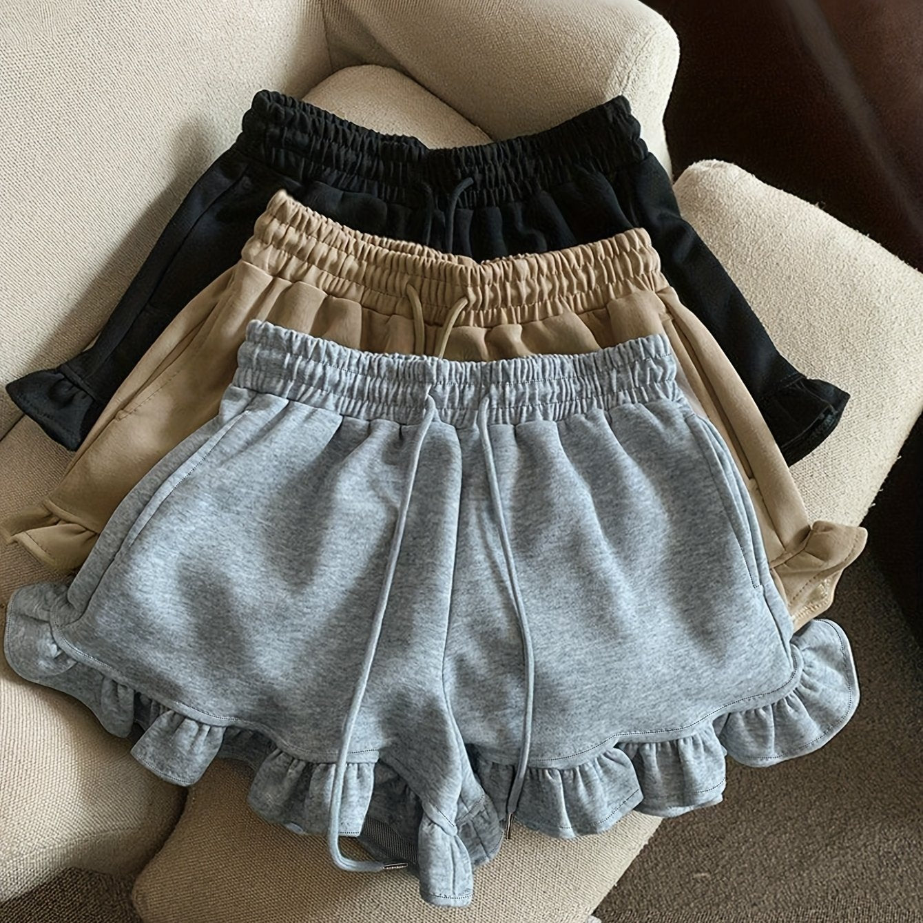 Casual Shorts Set 3pcs Women's Casual Shorts Set - Comfortable Elastic Waistband, Ruffled Hem & Drawstring Waist, Solid Color, All-Season Wear