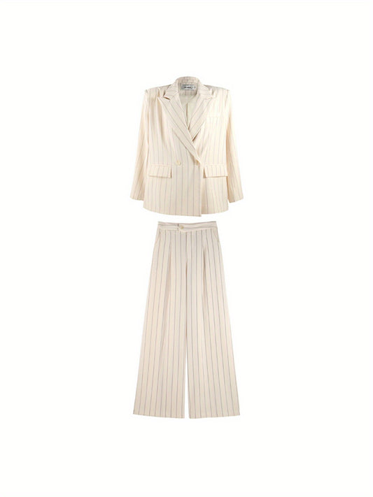 Spring-Summer New Women'S Suit Set with a Turned- Collar And Thin Stripes, Featuring a Double-Breasted Design for The Blazer And Wide-Leg Pants. It exudes a Professional And Elegant Look, Perfect for Office Commute, Business Events, And Formal Gatherings.