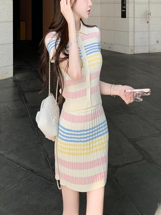 Sweet Fashion Color Striped Set, Short Sleeve Midi Skirt Two-Piece with Collar Design, Summer Women's