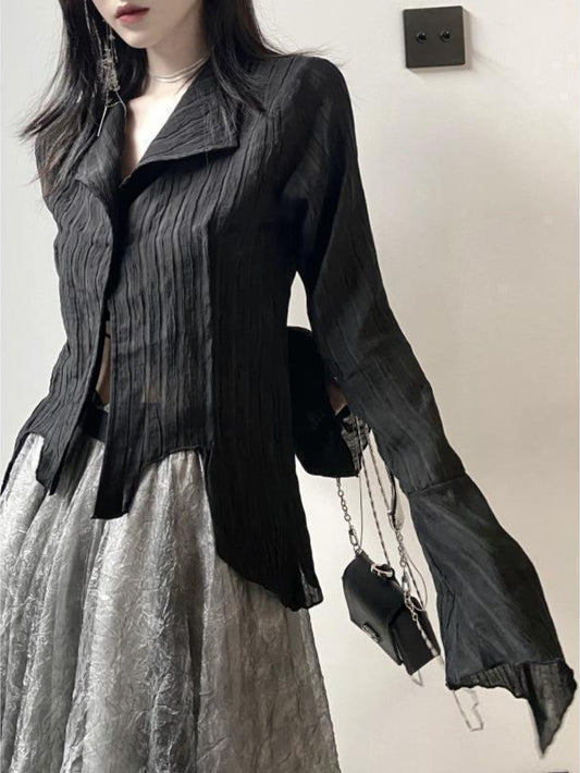 Women's Asymmetrical New Design Long-Sleeve Shirt - Vintage Slim Fit Blouse with V-Neck and Button Details, Versatile for Spring\u002FAutumn Wear, Machine Washable, Stylish & Durable Fabric, Chic Casual Look