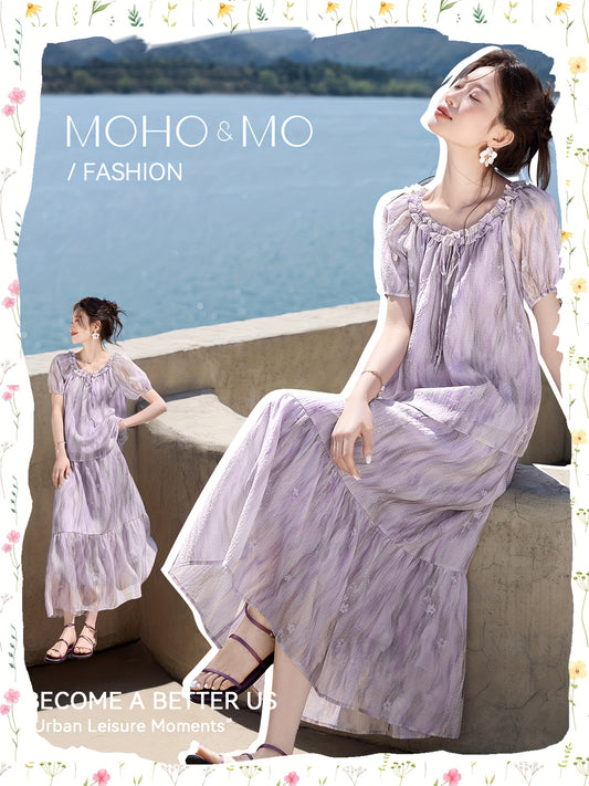 New Arrivals on MOHOMO: a Romantic Design Featuring a Monet Garden Print with Puff Sleeves And Ruffled Edges, Made from Lyocell Material, Perfect for Vacations And Daily Commutes.