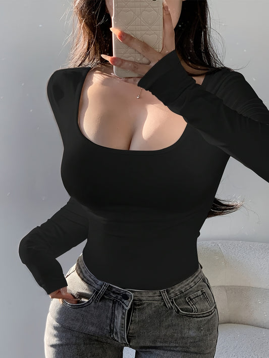 Women's Sexy & Chic Long Sleeve T-Shirt - Medium Stretch Round Neck Solid Black Top, All-Season Versatile Casual & Formal Wear, Hand Wash Only, Everyday Top, Stylish Blouse, Breathable Fabric, Fitted Blouse, Office Ladies
