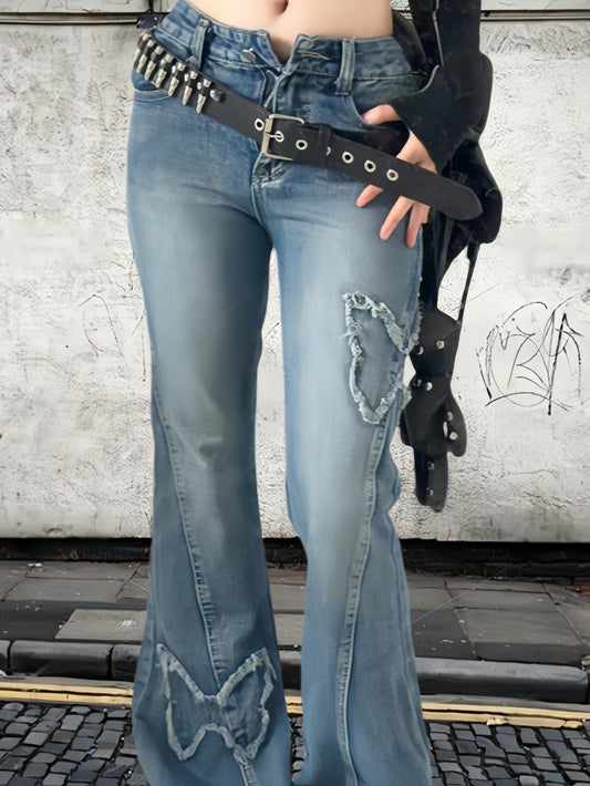 New American retro butterfly embroidered micro-flared jeans Spice high waist fashion versatile elastic slim slim long pants, machine washable