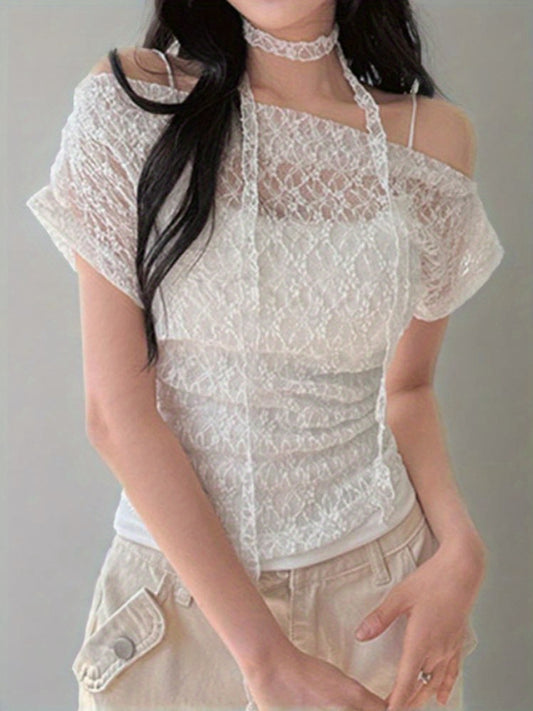 Women'S Summer Lace Off-Shoulder Top with Scarf - Casual Chic Off-Shoulder Blouse, Solid Color, Lightweight & Breathable for Streetwear, Spring\u002FSummer Fashion, Summer Fashion Top | Chic Offshoulder | Lightweight Top