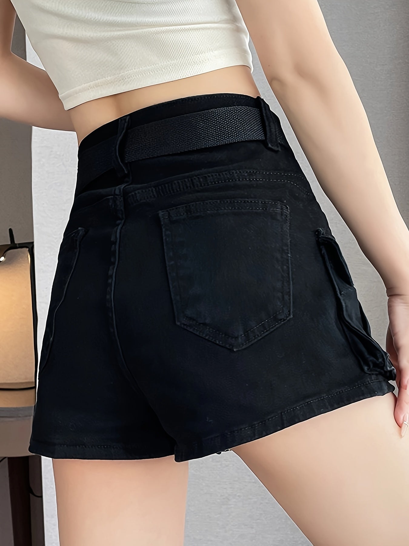 Women's High-Waisted Stretch Slim-Fit Casual Cargo Shorts - Olive Green Retro American Style with Pockets & Built-In Zipper, Machine Washable Summer Shorts for Spring\u002FSummer