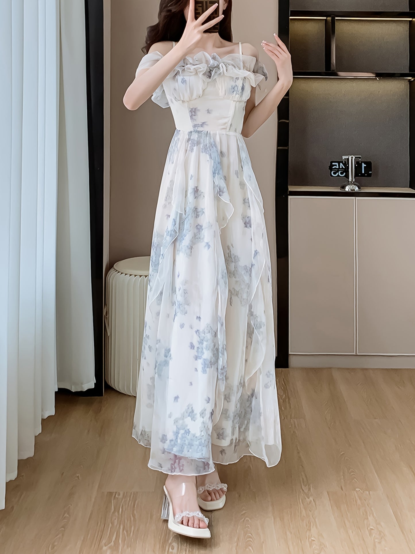 Blue-toned Upgraded Version Off-Shoulder Beach Dress with Ruffle Detail, Floral Print, and Flowy Design for Summer Vacation - Elegant Long A-Line Gown with Cinched Waist, Perfect for Adult Women, Beach Dresses