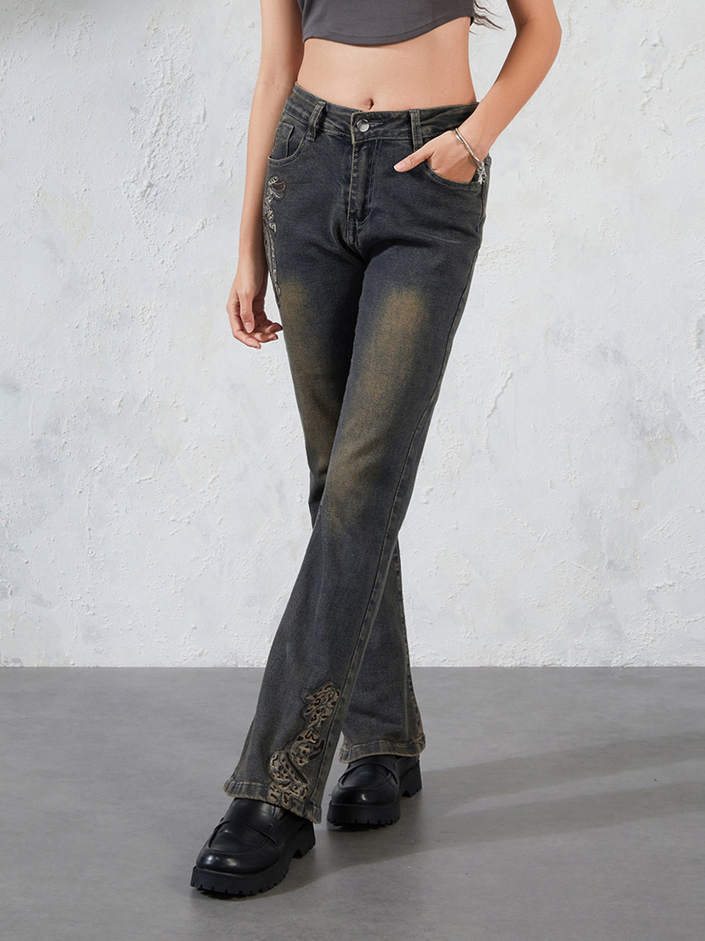 Women's s' Bell Bottom Flared Jeans - 100% Polyester Wide Leg Embroidered Floral Pants, Casual All-Season Trousers with Smooth Texture & Hand Wash Care
