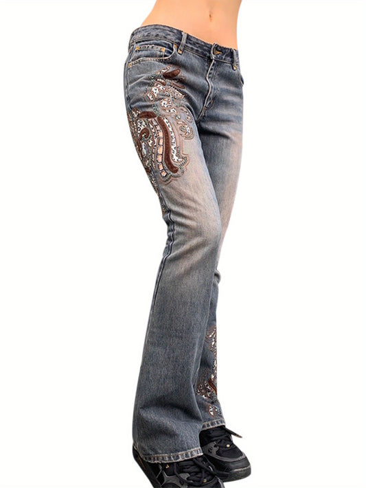 Women's s' Bell Bottom Flared Jeans - 100% Polyester Wide Leg Embroidered Floral Pants, Casual All-Season Trousers with Smooth Texture & Hand Wash Care