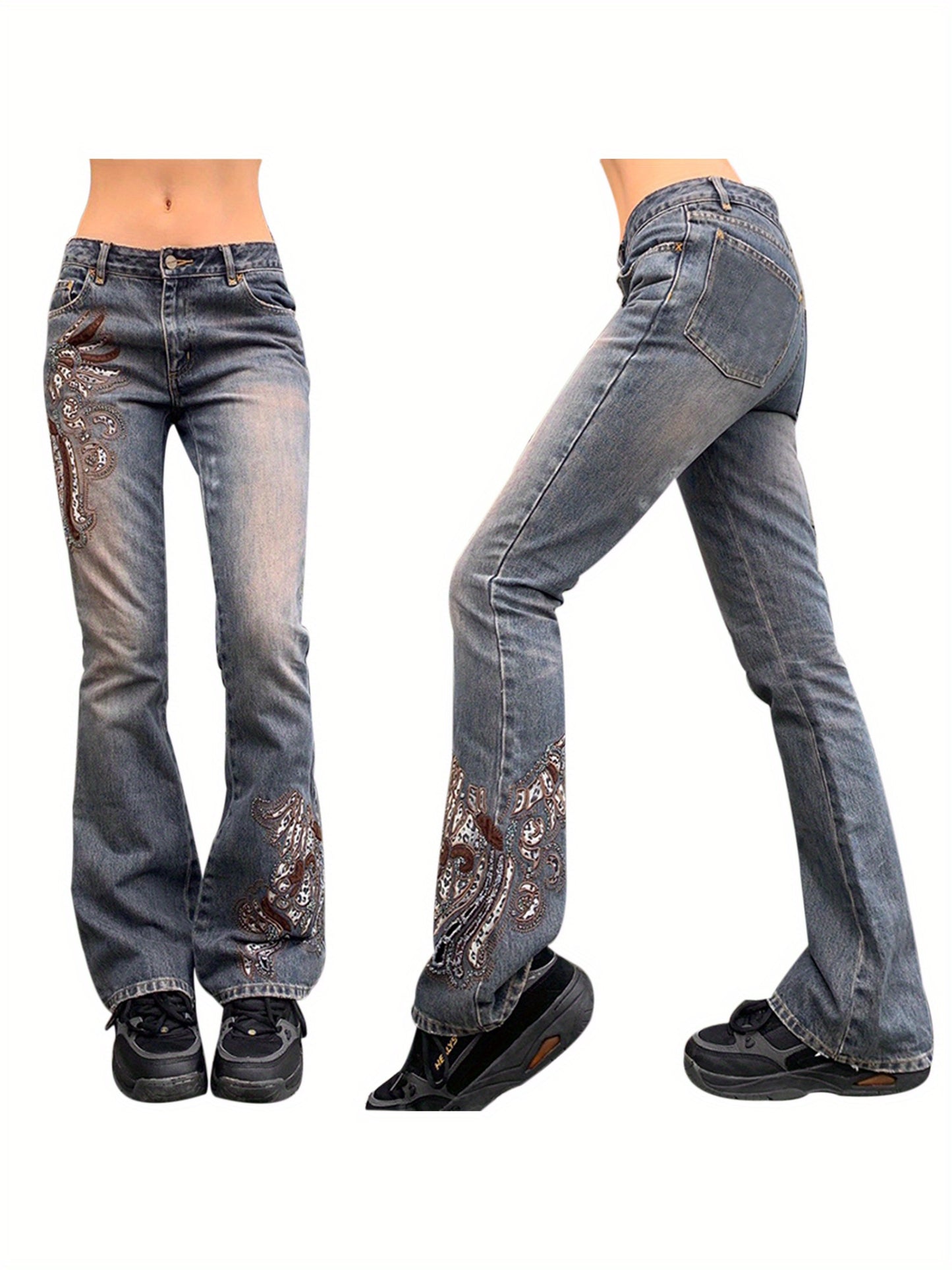Women's s' Bell Bottom Flared Jeans - 100% Polyester Wide Leg Embroidered Floral Pants, Casual All-Season Trousers with Smooth Texture & Hand Wash Care