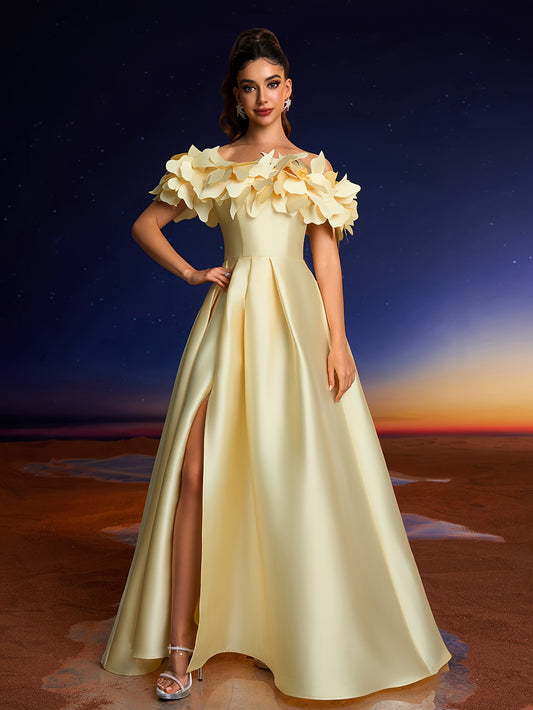 Elegant 3D Hand-Painted Floral Off-Shoulder Gown for Women - Chic Yellow Formal Evening Dress with Ruffled Sleeves, Perfect for Parties, Dinners, and Family Gatherings, Formal Evening Gown
