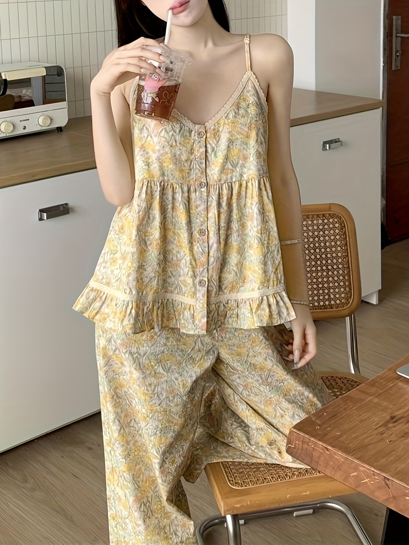 Women'S Sexy Floral Print Cami Top & High-Waisted Pants Set - Sleeveless, Button Detail, Lightweight Summer Loungewear, All-Season Comfort, Casual Home Wear|Floral Print Top|Button Detail Pants, Pajamas