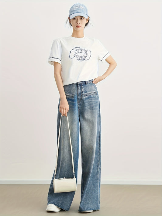 MEIYANG Women'S High-Waist Wide Leg Jeans with Cat Whisker Hem - Relaxed Fit Loose Pants, No Belt, All-Season Casual Wear, Solid Color, Pockets Included, Comfortable Denim for Casual Attire, Allseason Jeans | Relaxed Fit Pants | Durable Denim Fabric