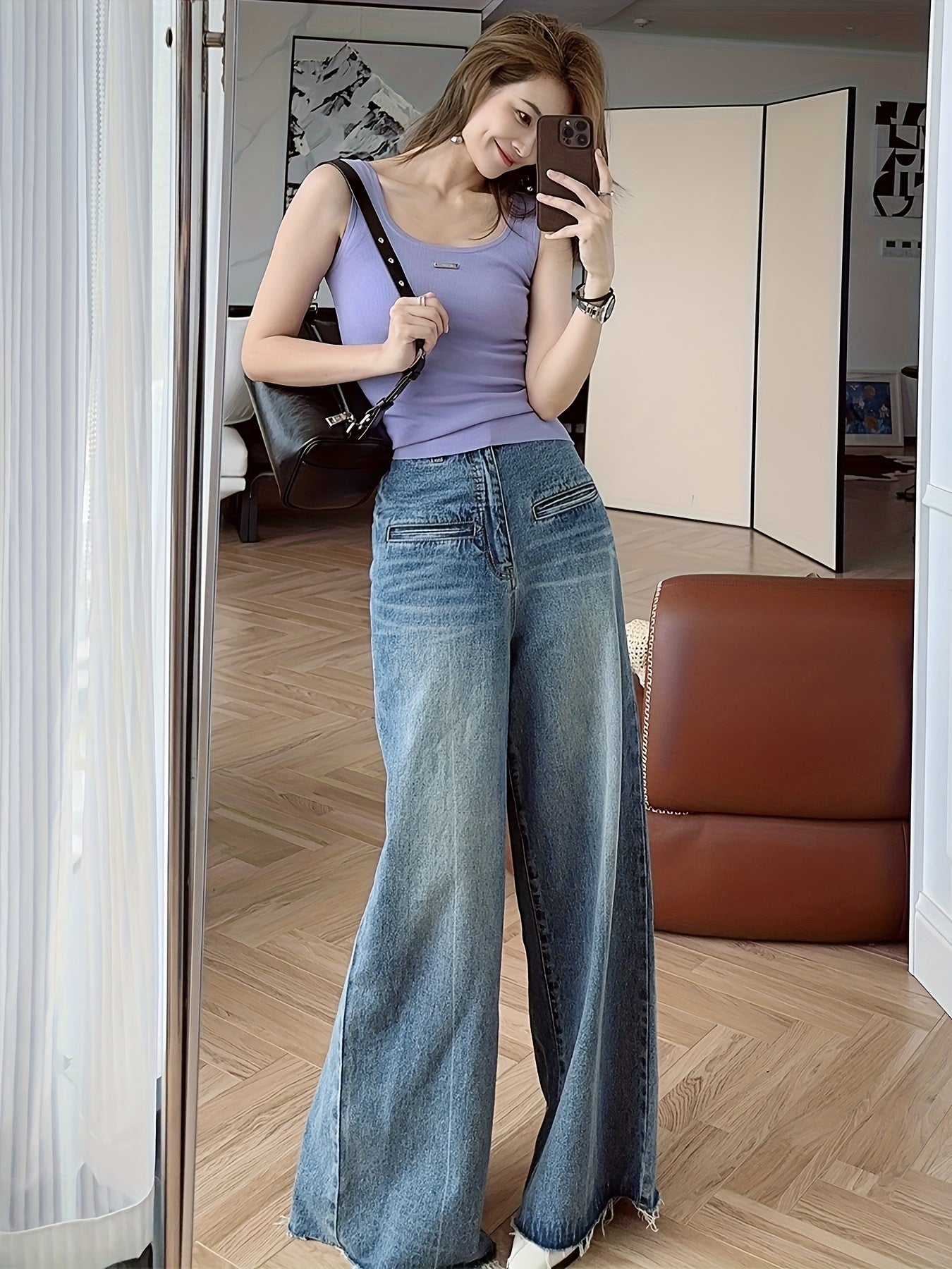 MEIYANG Women'S High-Waist Wide Leg Jeans with Cat Whisker Hem - Relaxed Fit Loose Pants, No Belt, All-Season Casual Wear, Solid Color, Pockets Included, Comfortable Denim for Casual Attire, Allseason Jeans | Relaxed Fit Pants | Durable Denim Fabric