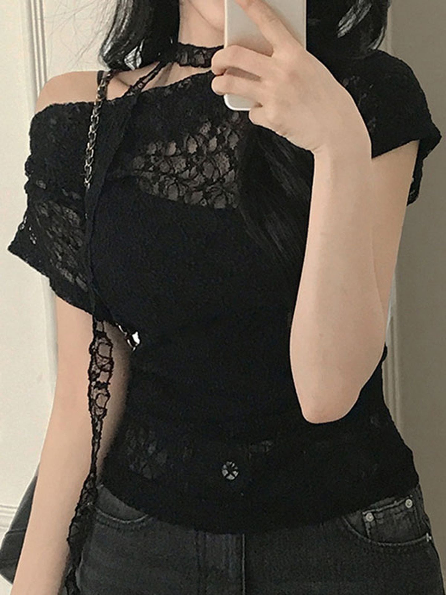 Women'S Summer Lace Off-Shoulder Top with Scarf - Casual Chic Off-Shoulder Blouse, Solid Color, Lightweight & Breathable for Streetwear, Spring\u002FSummer Fashion, Summer Fashion Top | Chic Offshoulder | Lightweight Top