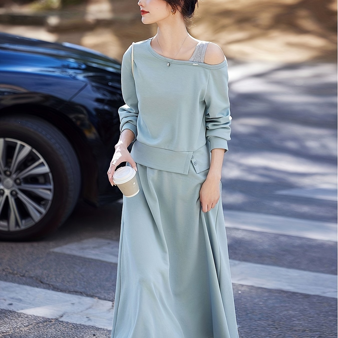 Chic Off-Shoulder Ribbed Top & Pleated Midi Skirt Set - Casual Two-Piece, Loose Fit, Long Sleeve, Solid Color, Spring\u002FFall Women'S Outfit, Casual Attire|Asymmetrical Neckline| Construction, Off Shoulder Top