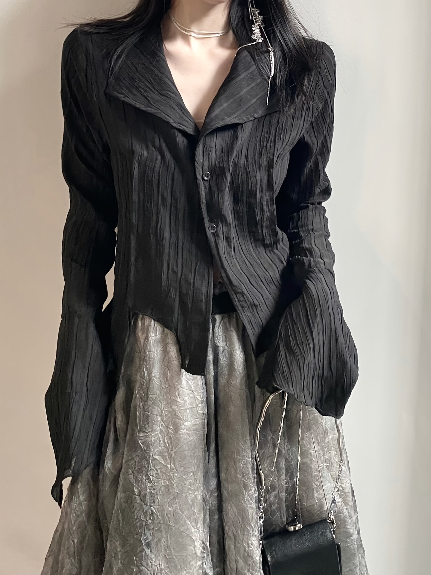 Women's Asymmetrical New Design Long-Sleeve Shirt - Vintage Slim Fit Blouse with V-Neck and Button Details, Versatile for Spring\u002FAutumn Wear, Machine Washable, Stylish & Durable Fabric, Chic Casual Look