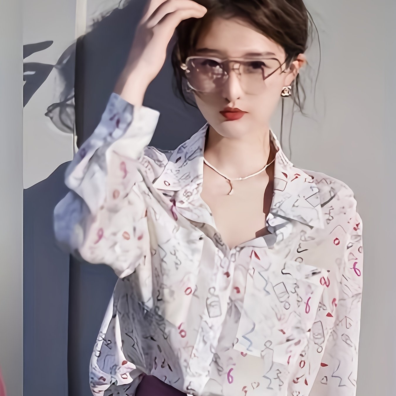 Women's French Retro Geometric Print Long Sleeve Shirt - Lightweight Semi-Sheer Collared Blouse with Pastel Pink & Multicolor Patterns, Summer Casual Top for Outings & Office, Japanese Korean Style, Classic Collared Design, Elegant Texture
