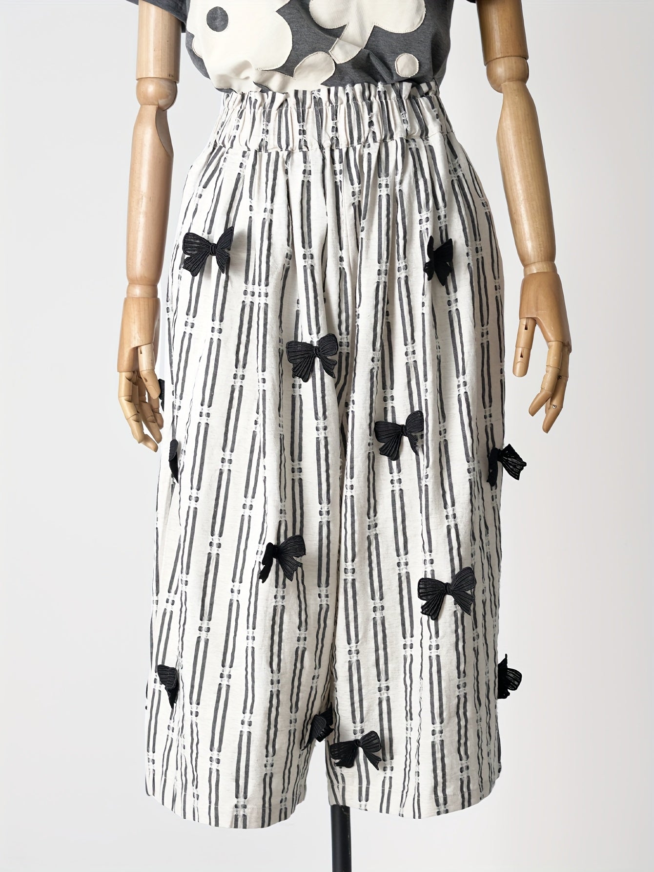 Women'S Casual Summer Wide-Leg Linen Pants with Black Bow Details - Elastic Waist, Loose Fit, White & Black Striped Design, Perfect for Weekend Outings, Wide Leg Pants