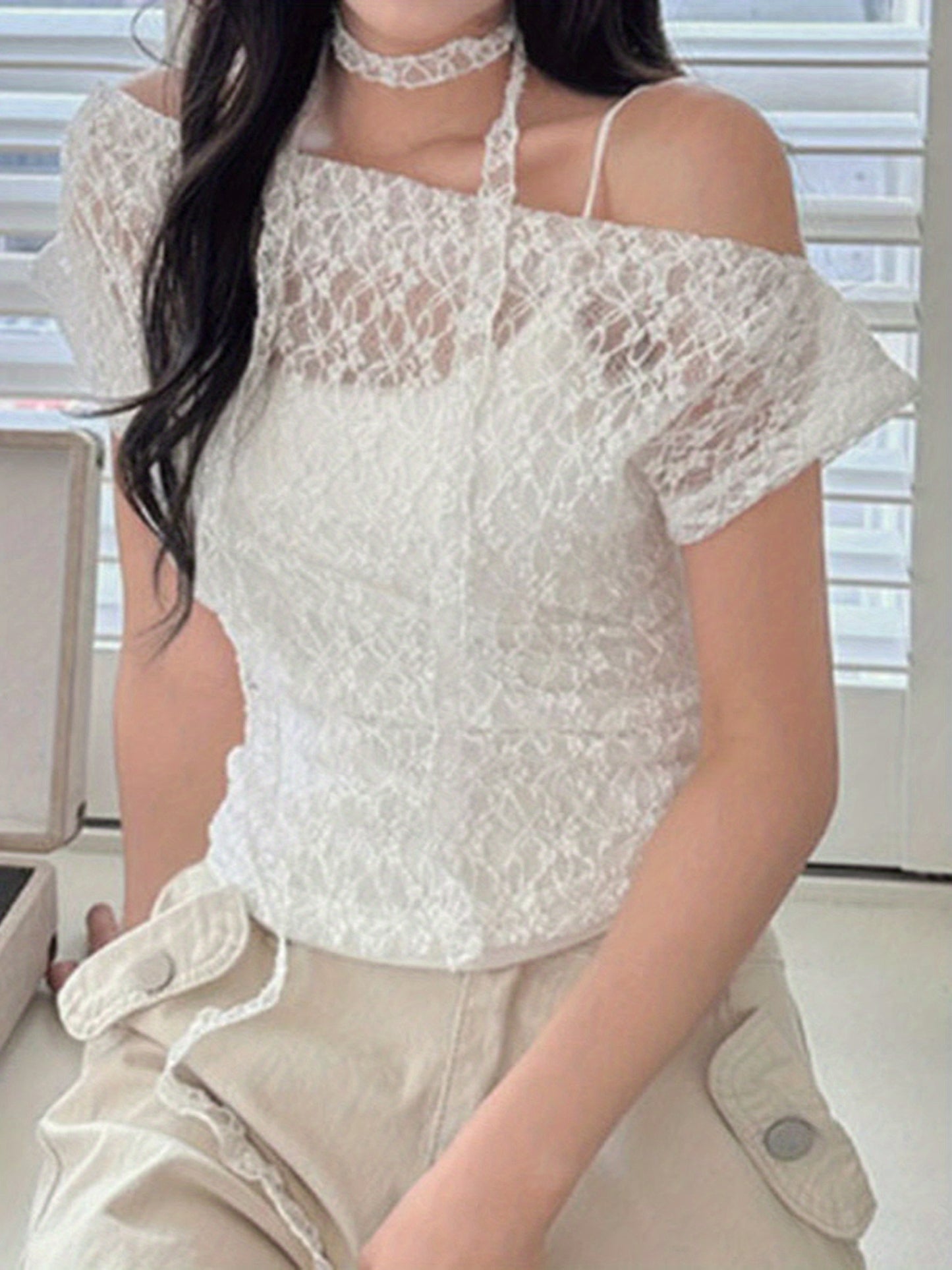 Women'S Summer Lace Off-Shoulder Top with Scarf - Casual Chic Off-Shoulder Blouse, Solid Color, Lightweight & Breathable for Streetwear, Spring\u002FSummer Fashion, Summer Fashion Top | Chic Offshoulder | Lightweight Top