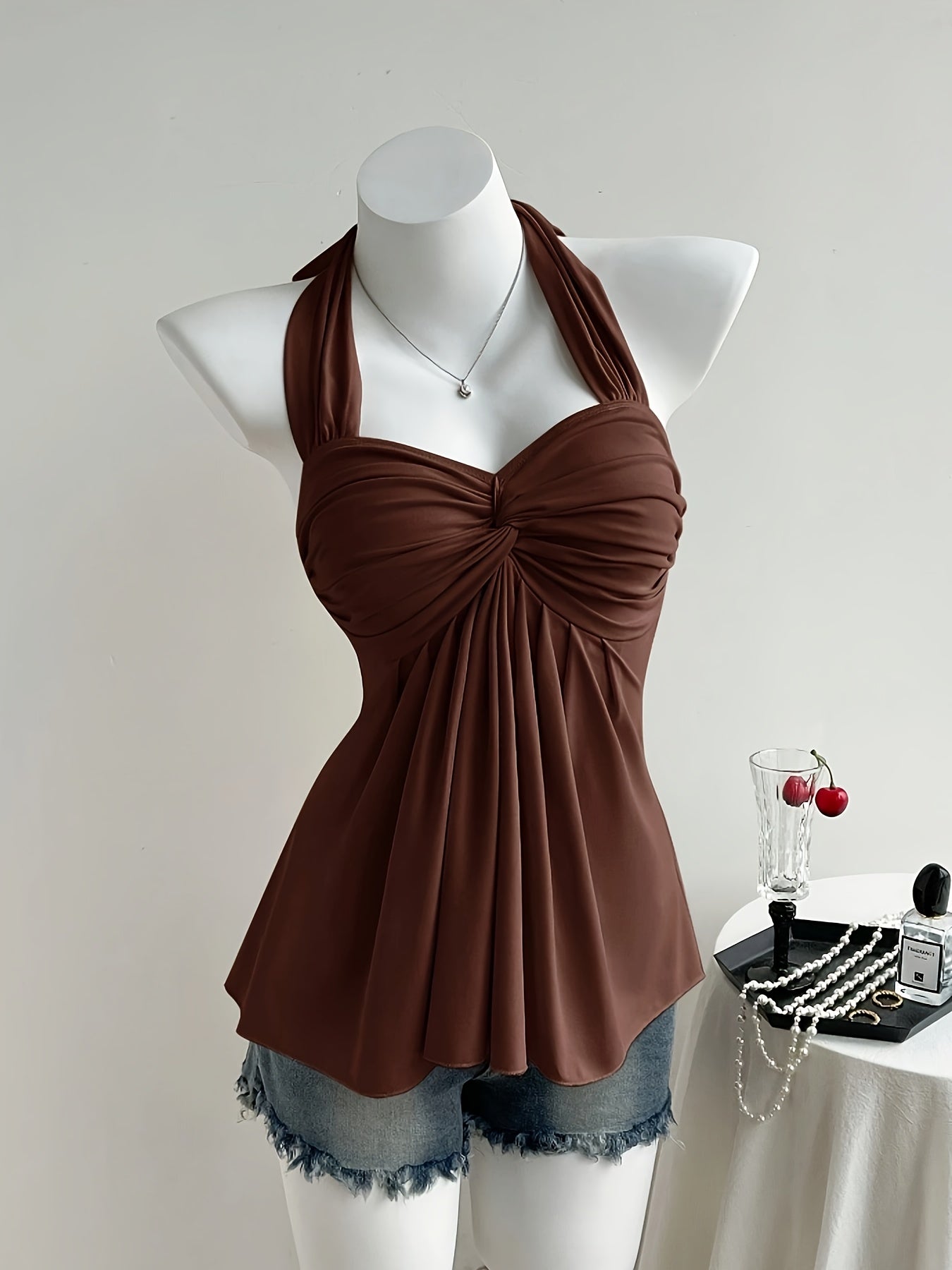 Women'S Peach Color Off-Shoulder Halter Top with Twist Detail - Sexy Backless Design, Solid Color, All-Season Wear, Stylish Halter Top|Trendy Halter Top|Polyester Fabric
