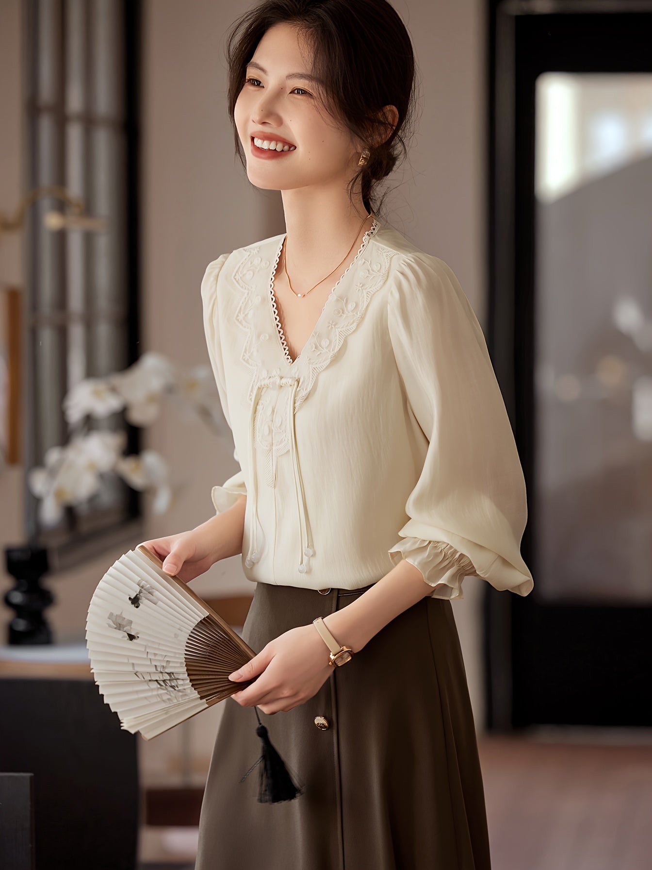 Women's Elegant V-Neck Blouse - Non-Transparent Long Sleeve Shirt, Office & Formal Events - XWI Women's Elegant Shirt for Spring\u002FSummer Everyday & Special Occasions, Special Occasion Top, Intricate Embroidery