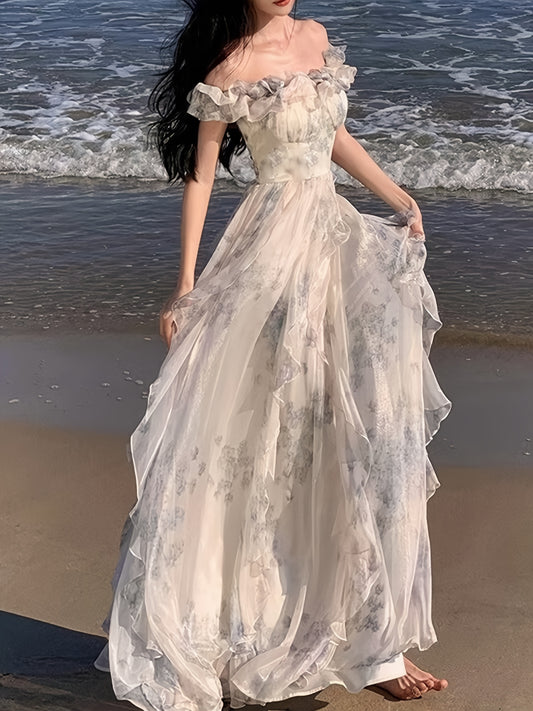 Blue-toned Upgraded Version Off-Shoulder Beach Dress with Ruffle Detail, Floral Print, and Flowy Design for Summer Vacation - Elegant Long A-Line Gown with Cinched Waist, Perfect for Adult Women, Beach Dresses