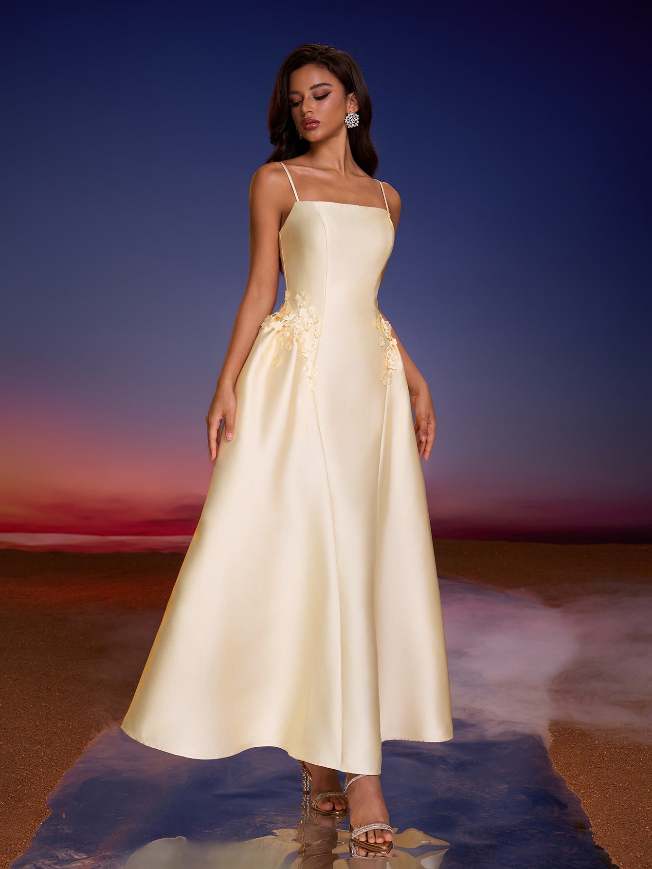 Elegant Off-Shoulder Evening Gown with Floral Embellishments - Beige, Fitted Top & Flowy Skirt, Zipper Closure, Perfect for Parties & Formal Events, Formal Evening Gown
