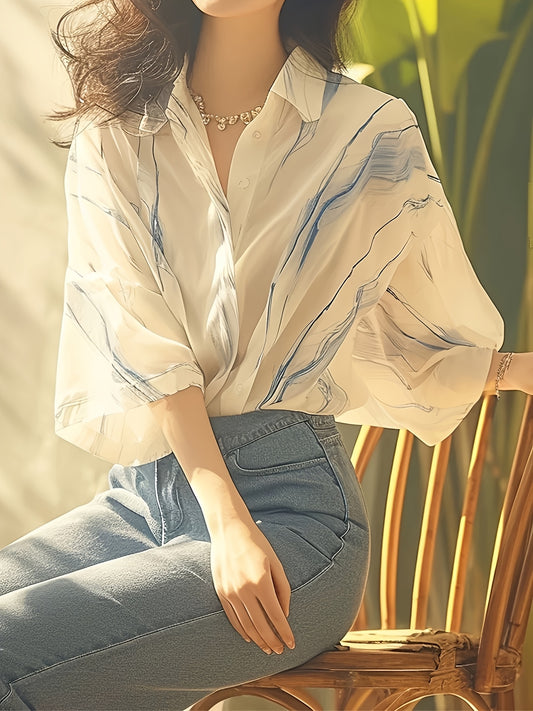 Elegant Women's Blue Marbled Stripe Blouse - Lightweight 3\u002F4 Sleeve Shirt with White Collar, Versatile Summer Top for Casual or Dressy Outfits, Outfit Versatile, Sophisticated Casual, Decorative Pearl Detail