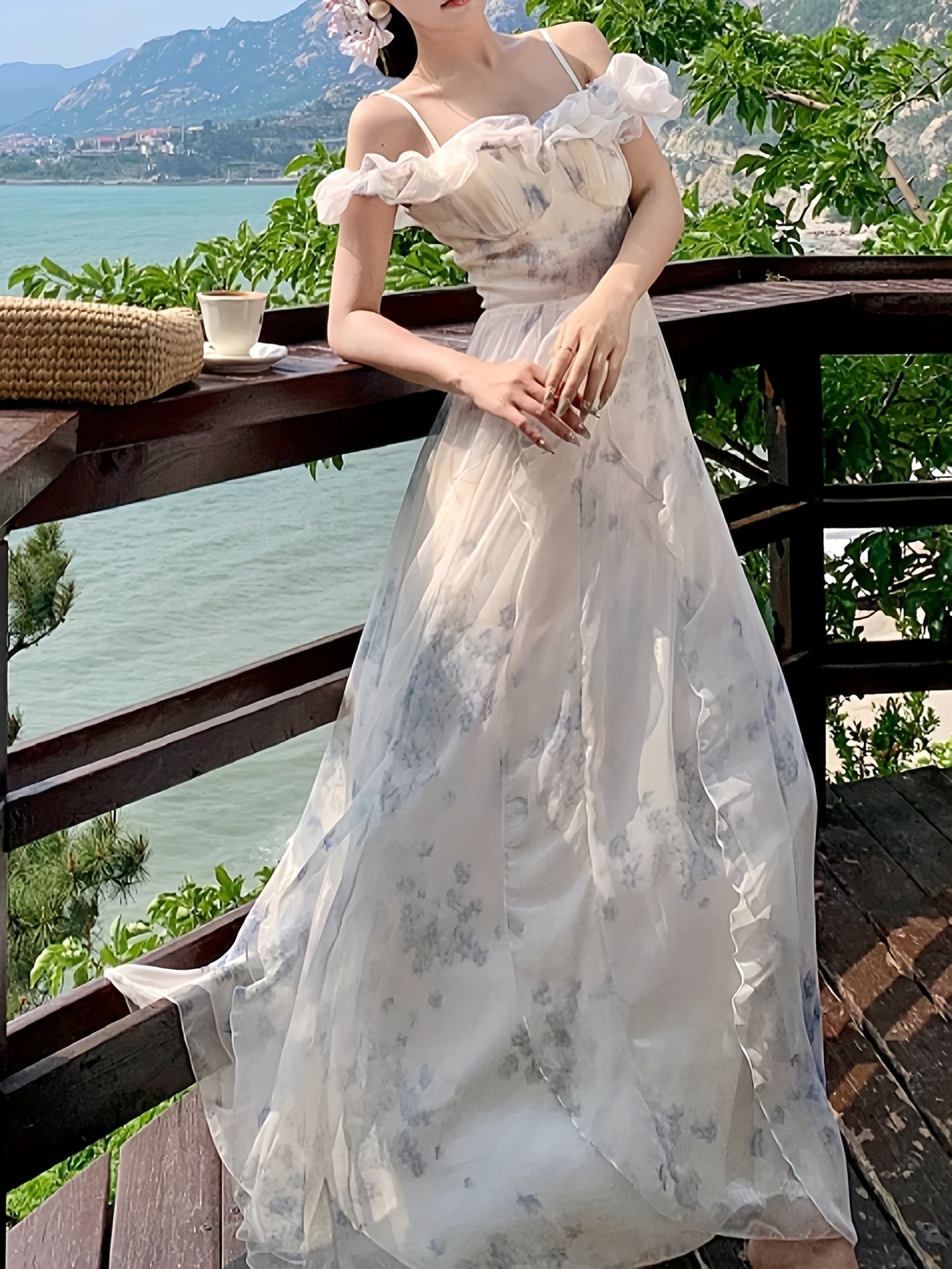 Blue-toned Upgraded Version Off-Shoulder Beach Dress with Ruffle Detail, Floral Print, and Flowy Design for Summer Vacation - Elegant Long A-Line Gown with Cinched Waist, Perfect for Adult Women, Beach Dresses