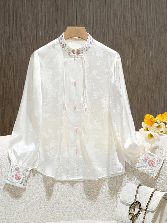 Women'S Elegant Floral Embroidered Chinese-Style Shirt - Summer Collection, Loose Fit Long Sleeve with Stand Collar and Button Closure, White with Delicate Floral Patterns and Pink Accents, Casual Chic Shirting