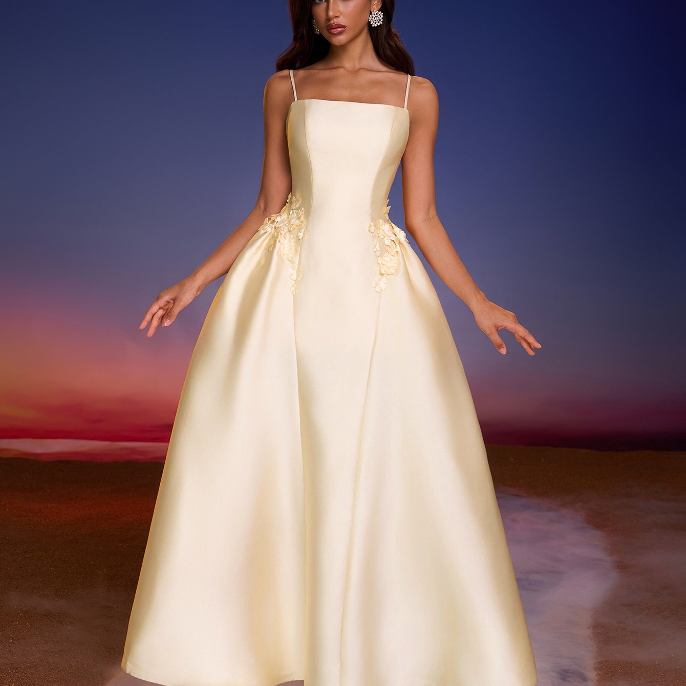 Elegant Off-Shoulder Evening Gown with Floral Embellishments - Beige, Fitted Top & Flowy Skirt, Zipper Closure, Perfect for Parties & Formal Events, Formal Evening Gown
