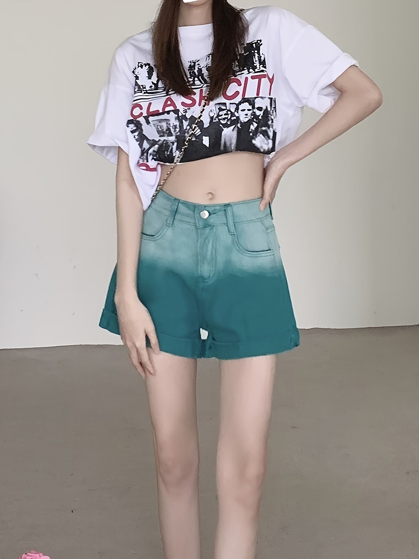 Women's High-Waist Green Ombre Denim Shorts - A-Line Cut, Loose Fit, Casual Summer Jean Shorts with Slant Pockets, Machine Washable, High Waisted Shorts, Casual Attire, Straight Leg Design, Smooth Texture Fabric