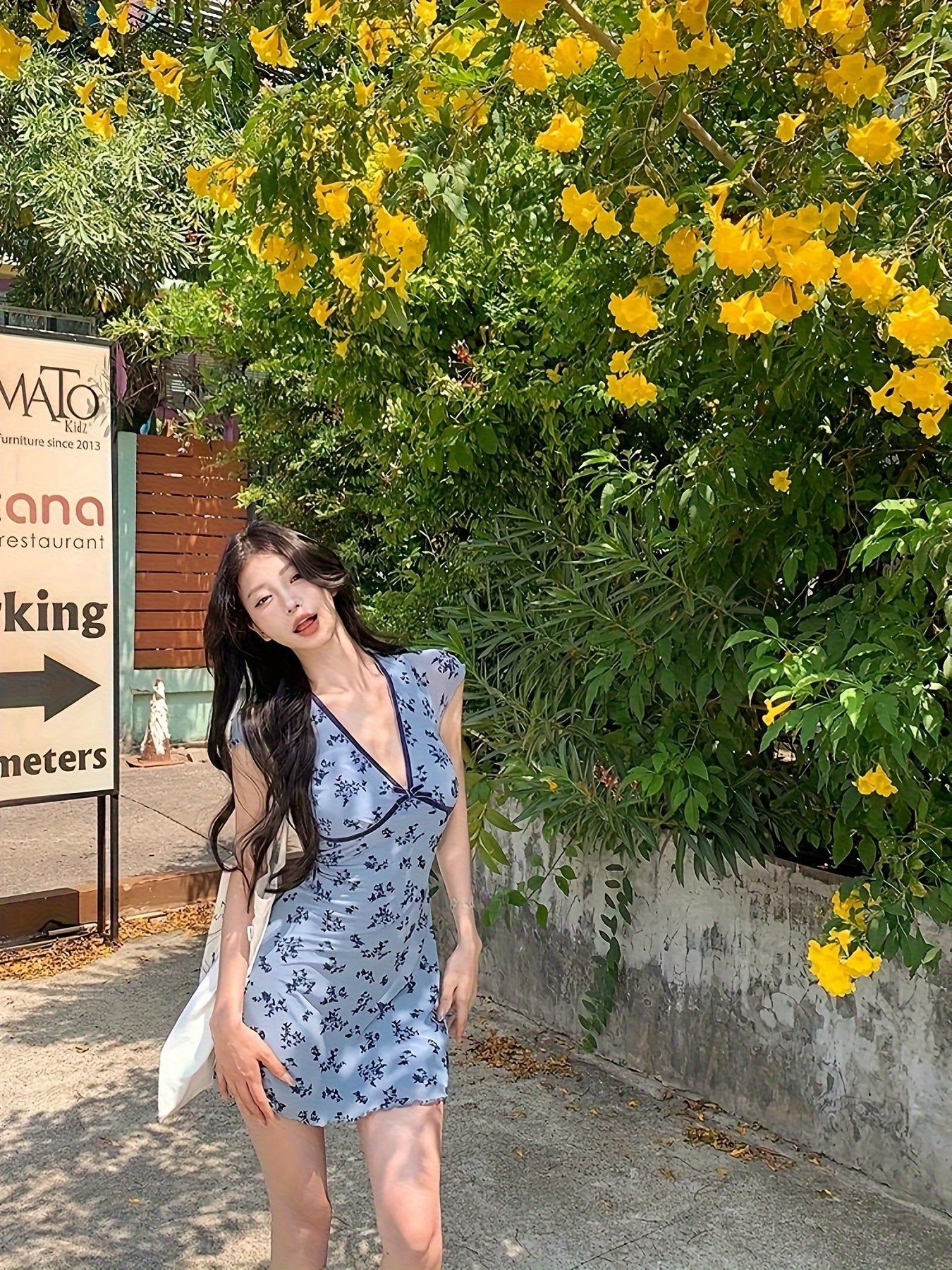 HG Directional French Elegant Retro Vacation Style Deep V-Neck Short Sleeved Printed Dress with Waist Cinching And Slimming Effect, Hip Hugging Short Skirt, Spicy Girl Style