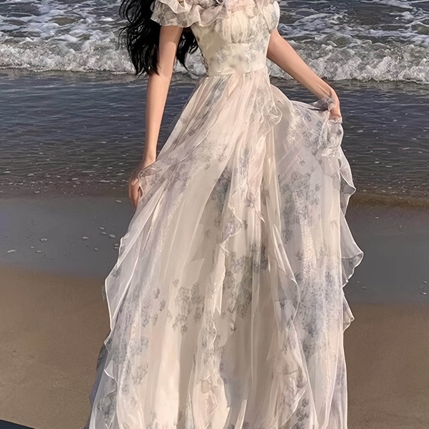 Blue-toned Upgraded Version Off-Shoulder Beach Dress with Ruffle Detail, Floral Print, and Flowy Design for Summer Vacation - Elegant Long A-Line Gown with Cinched Waist, Perfect for Adult Women, Beach Dresses