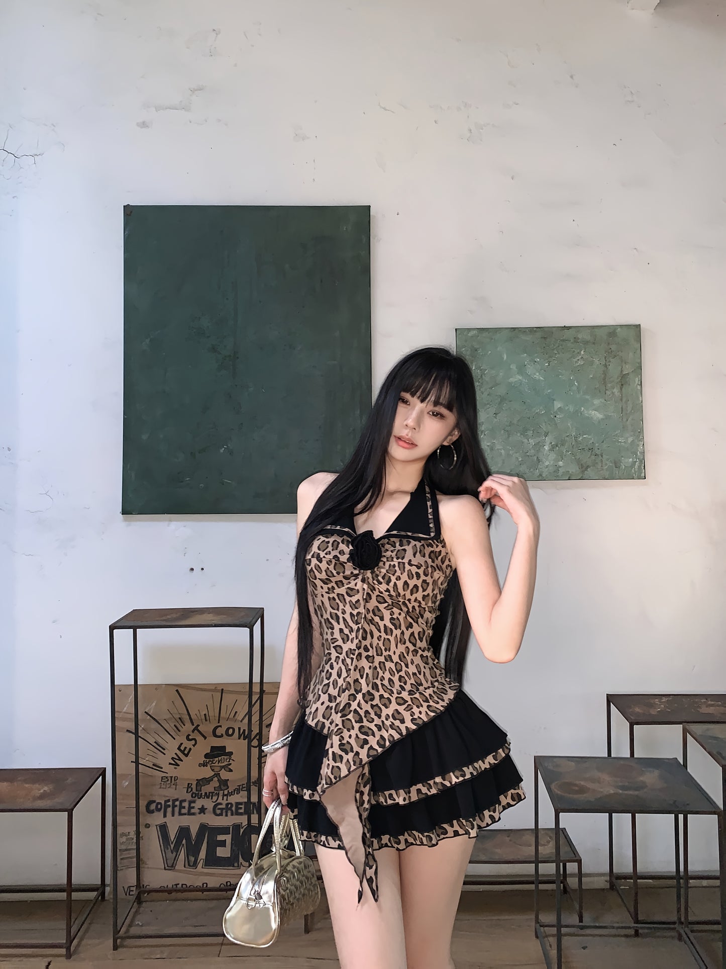 Sexy Leopard Print Pure Desire Halter Top Half Skirt Set for Women, Summer Outfit