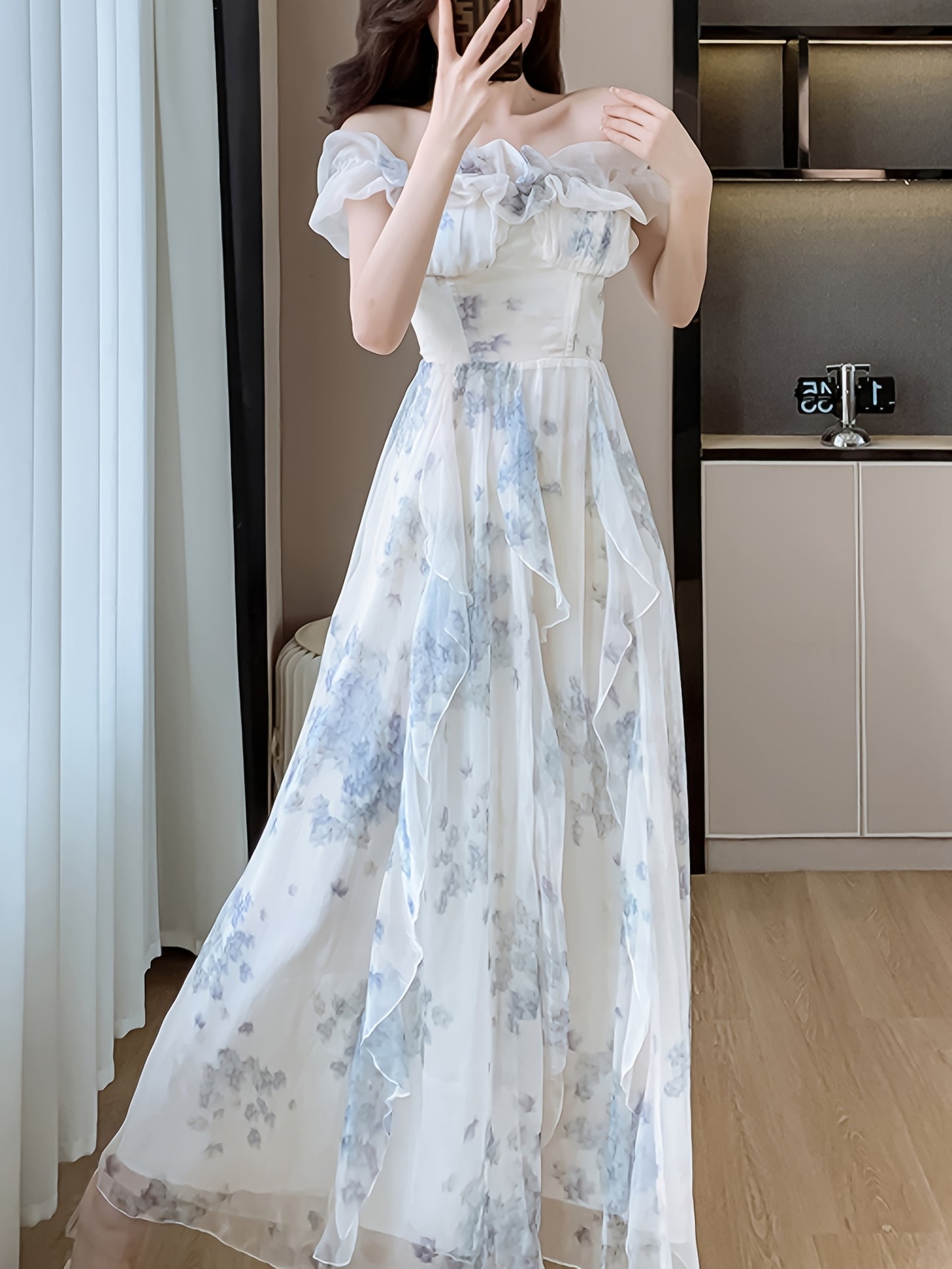 Blue-toned Upgraded Version Off-Shoulder Beach Dress with Ruffle Detail, Floral Print, and Flowy Design for Summer Vacation - Elegant Long A-Line Gown with Cinched Waist, Perfect for Adult Women, Beach Dresses