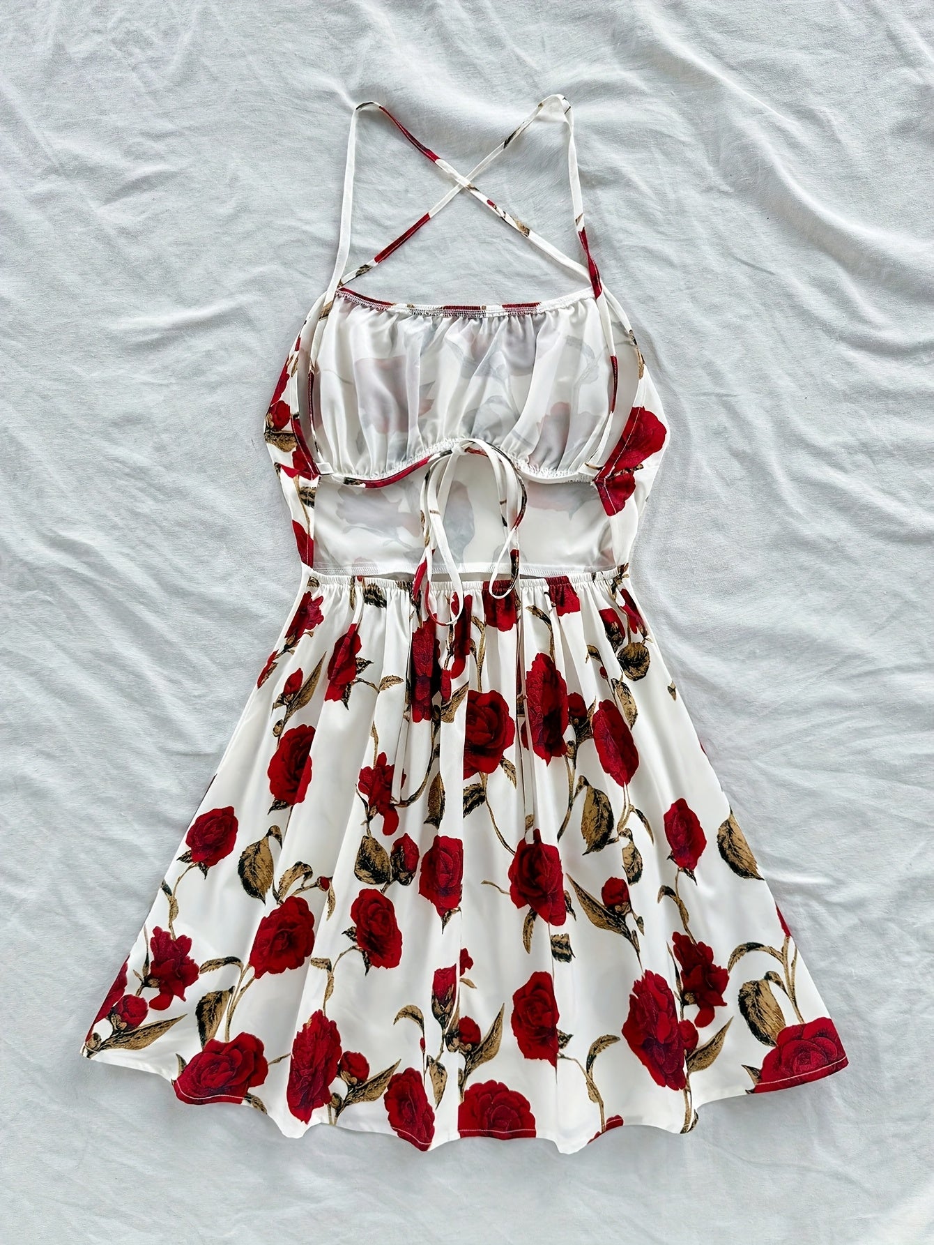 Women's Off-Shoulder A-Line Dress with Bold Red Rose Floral Print - Machine Washable Lightweight Summer Beach Party Dress for Vacations, Gatherings & Casual Outings, Romantic Event Attire | Strappy Detail