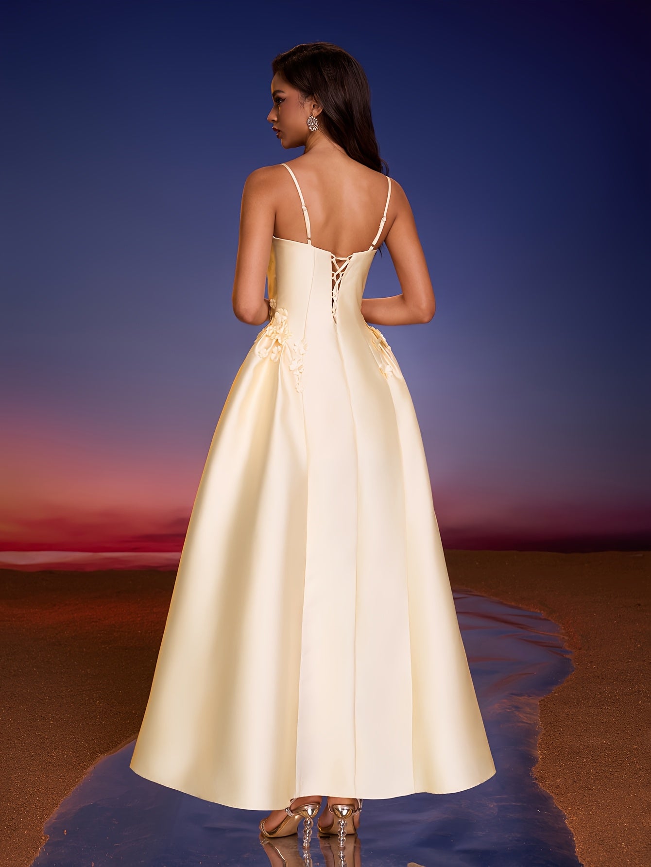 Elegant Off-Shoulder Evening Gown with Floral Embellishments - Beige, Fitted Top & Flowy Skirt, Zipper Closure, Perfect for Parties & Formal Events, Formal Evening Gown