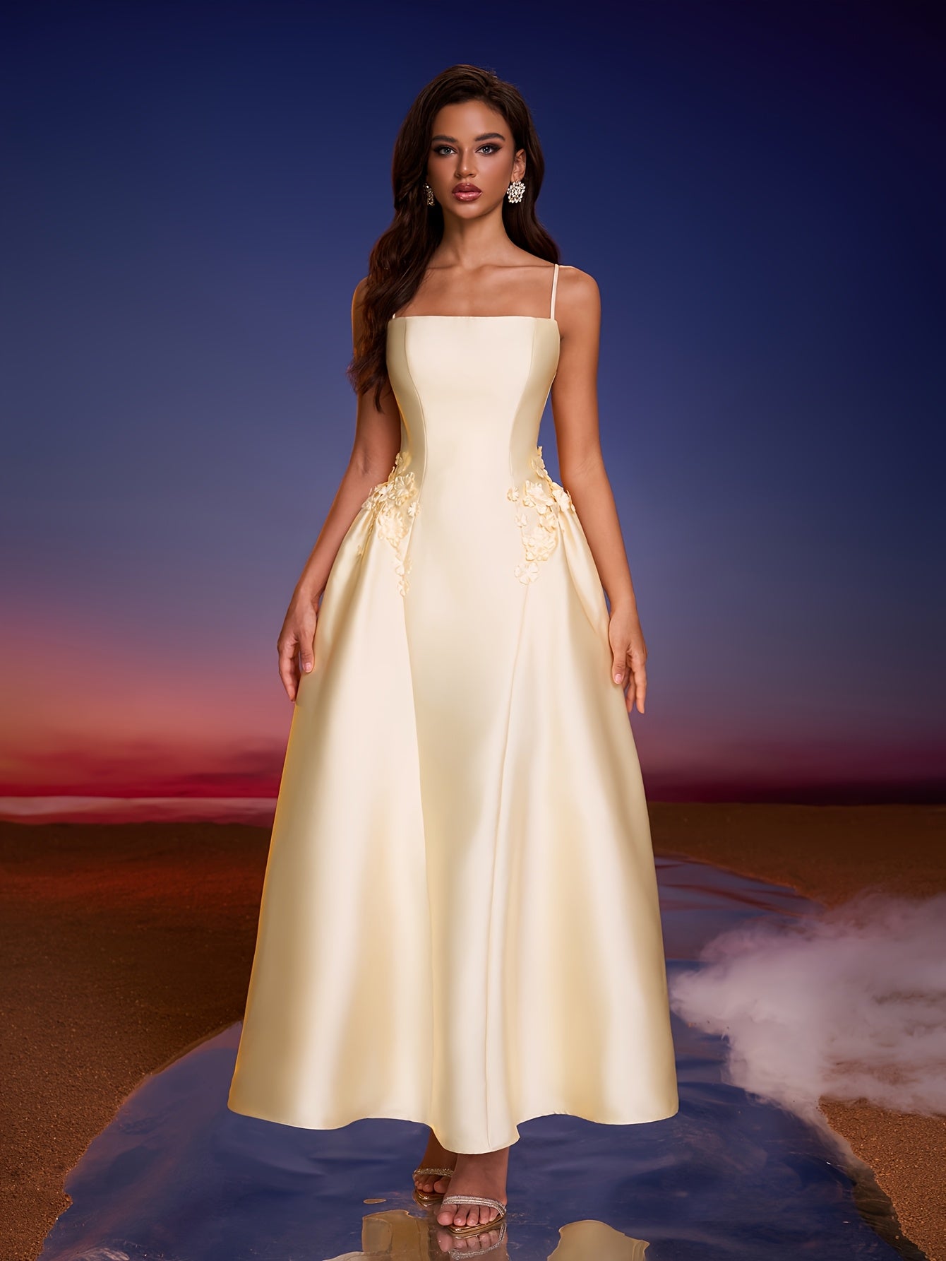 Elegant Off-Shoulder Evening Gown with Floral Embellishments - Beige, Fitted Top & Flowy Skirt, Zipper Closure, Perfect for Parties & Formal Events, Formal Evening Gown