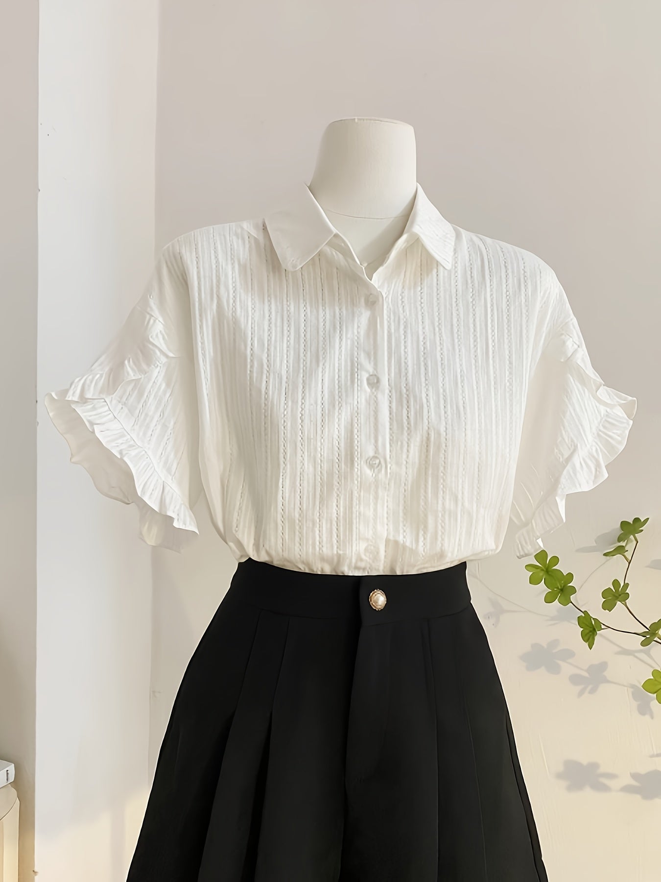 Women's White Collar Bell Sleeve Blouse - Elegant Summer Top with Button-Up Front, Loose Fit & Flared Sleeves for a Chic, Age-Reducing Look, Ladies Blouses
