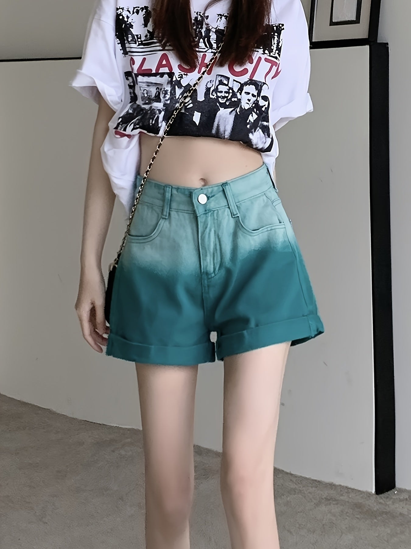 Women's High-Waist Green Ombre Denim Shorts - A-Line Cut, Loose Fit, Casual Summer Jean Shorts with Slant Pockets, Machine Washable, High Waisted Shorts, Casual Attire, Straight Leg Design, Smooth Texture Fabric