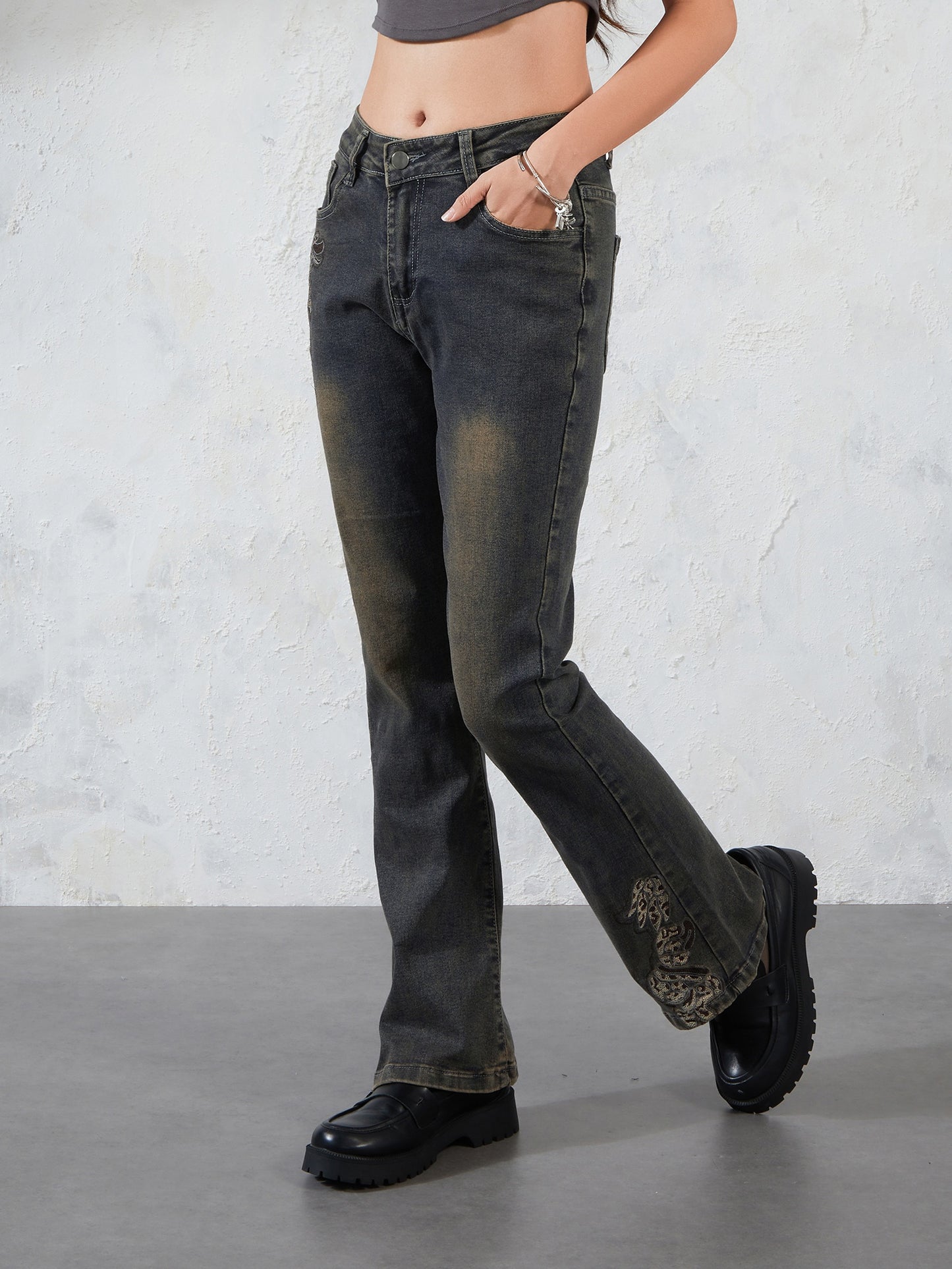Women's s' Bell Bottom Flared Jeans - 100% Polyester Wide Leg Embroidered Floral Pants, Casual All-Season Trousers with Smooth Texture & Hand Wash Care